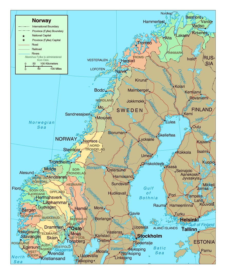 Political and administrative map of Norway with roads and major cities