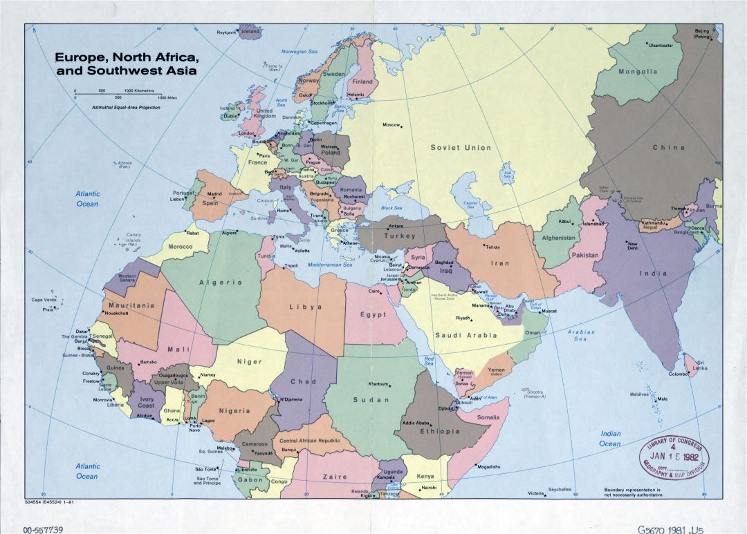 Large detailed old political map of Europe, North Africa and Southwest Asia - 1981