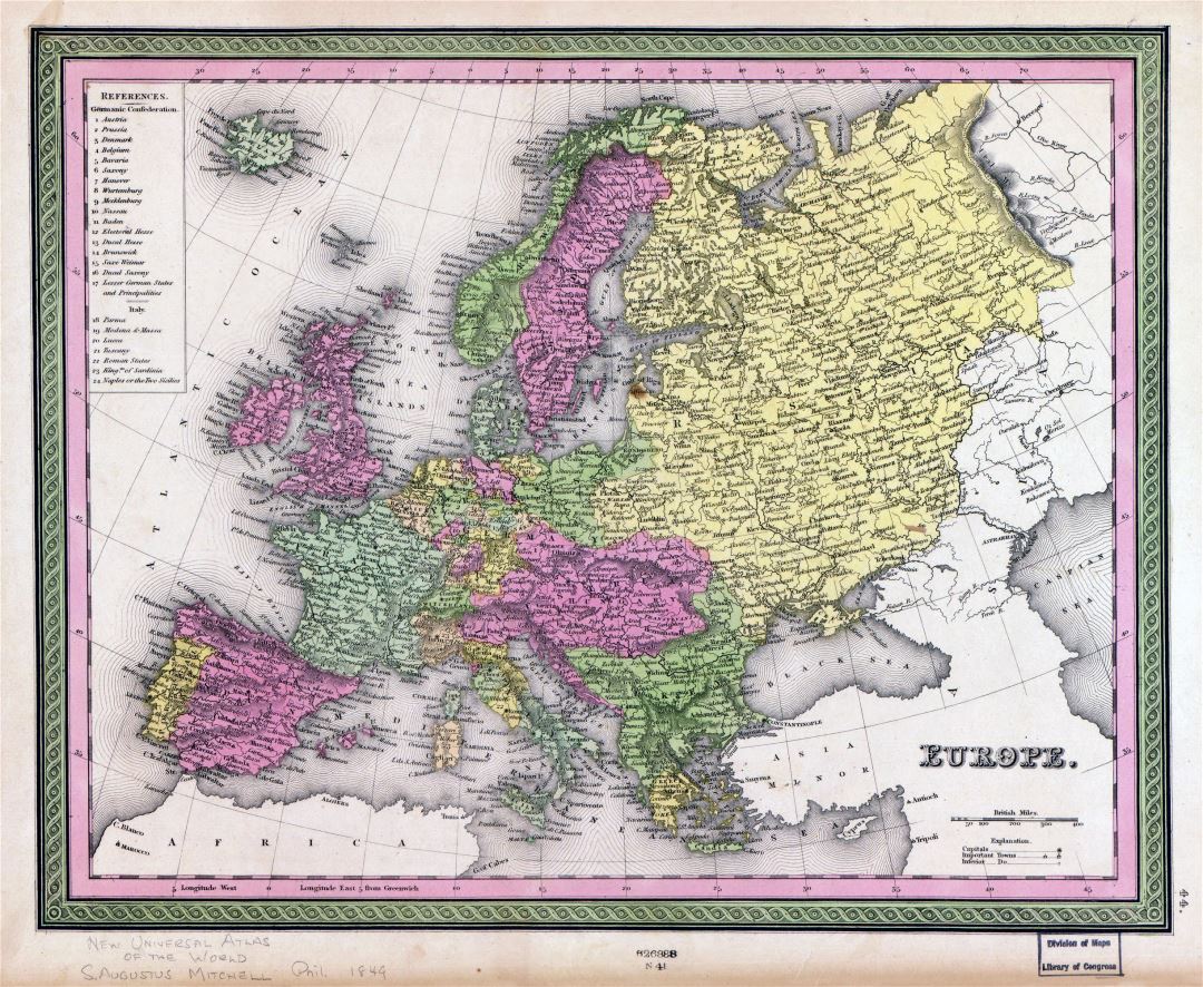 Large detailed old political map of Europe with cities - 1849