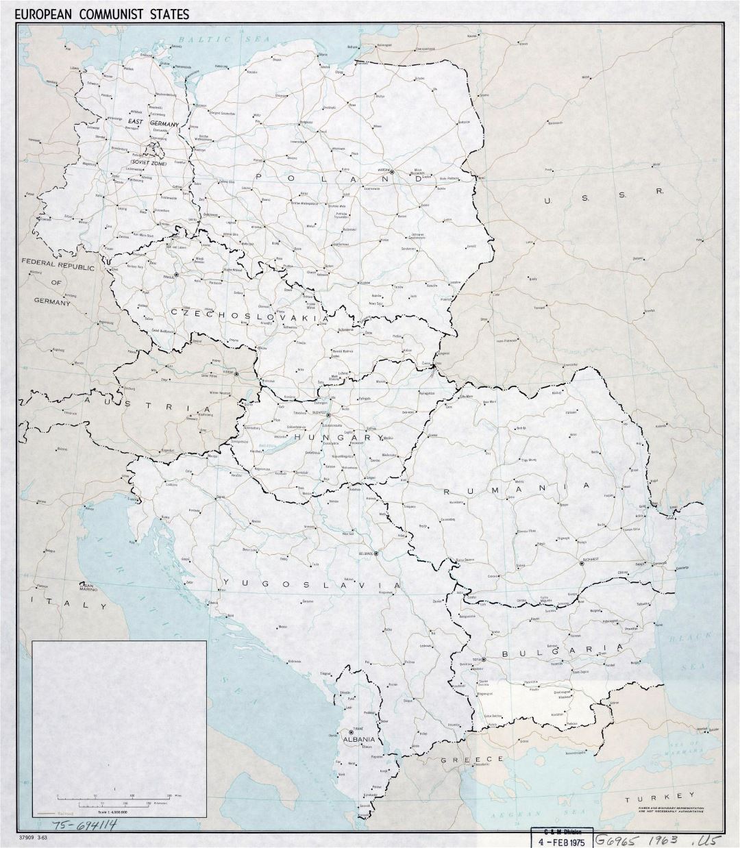 Detailed old map of European Communist States - 1963