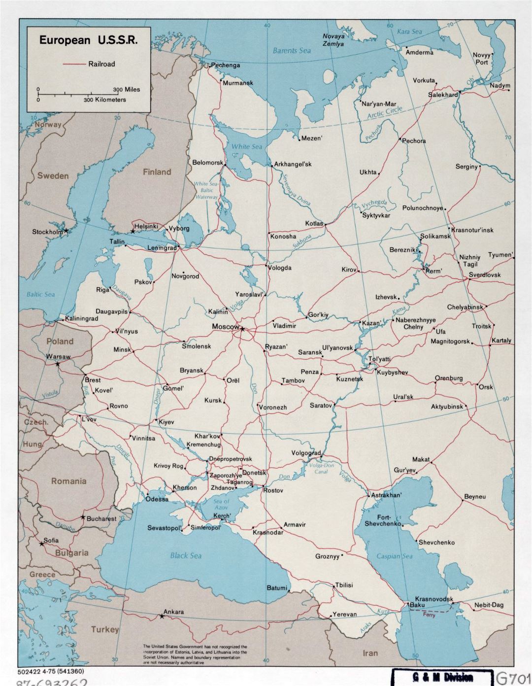 Large detailed map of European U.S.S.R. with railroads - 1975