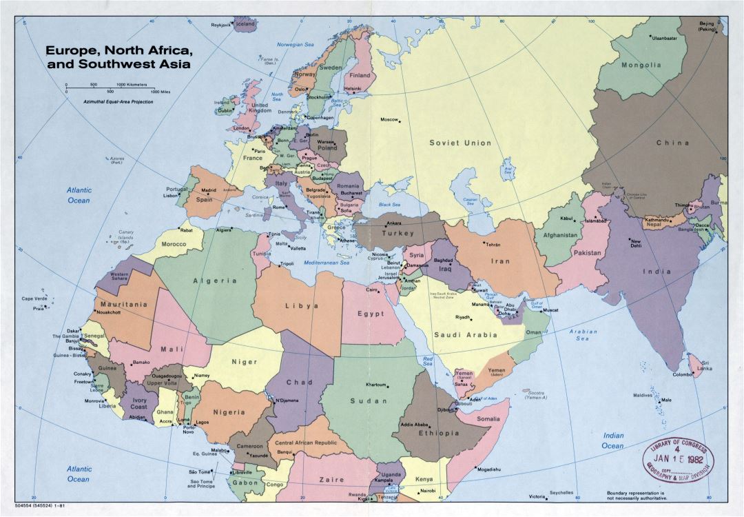 Large detailed political map of Europe, North Africa and Southwest Asia - 1981