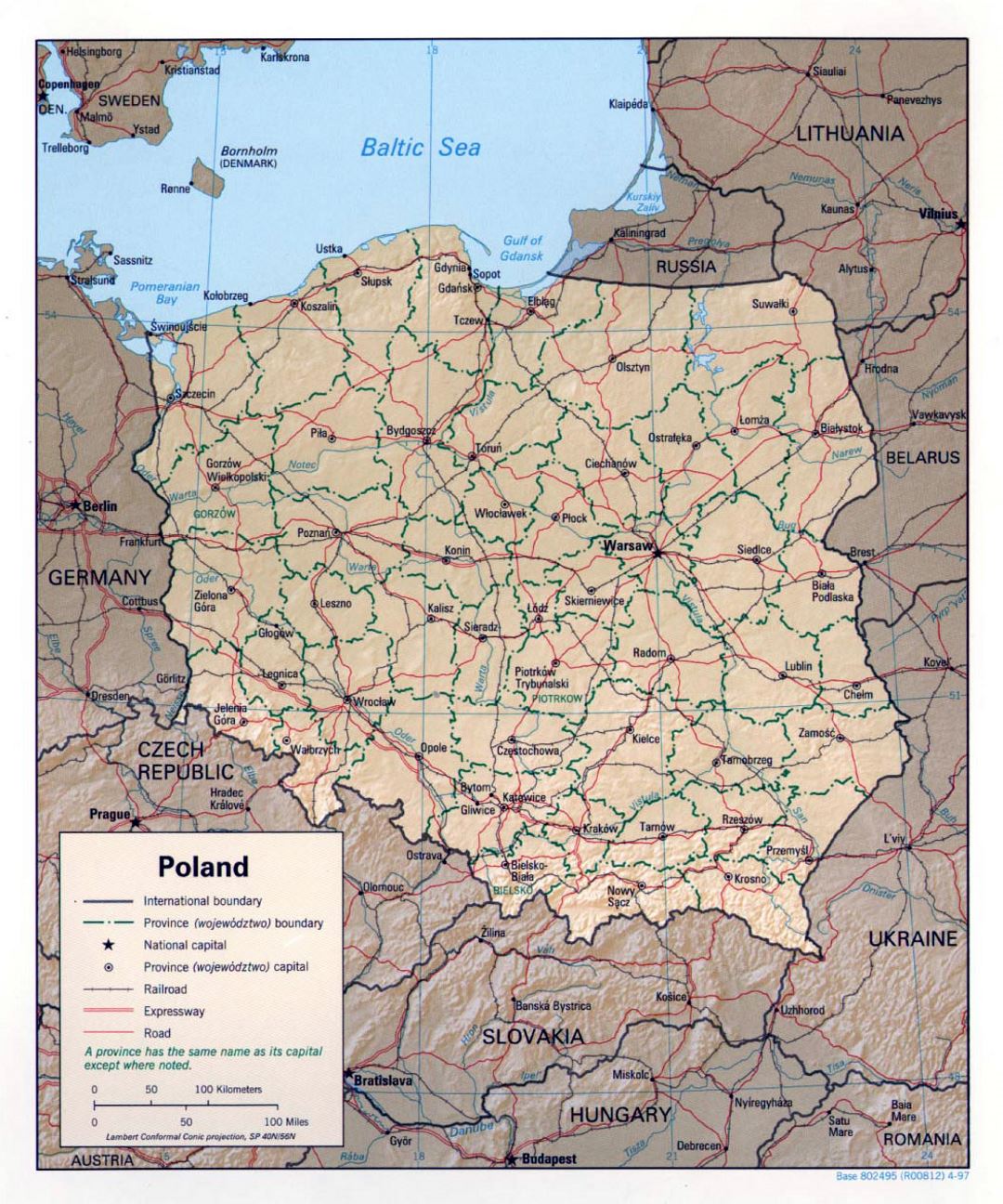 Detailed political and administrative map of Poland with relief - 1997