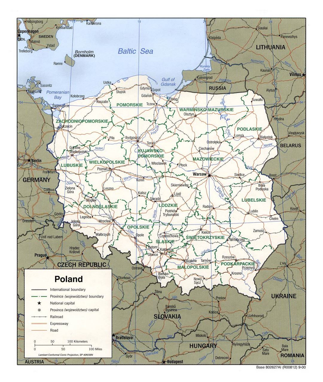 Detailed political and administrative map of Poland with roads, railroads and major cities - 2000