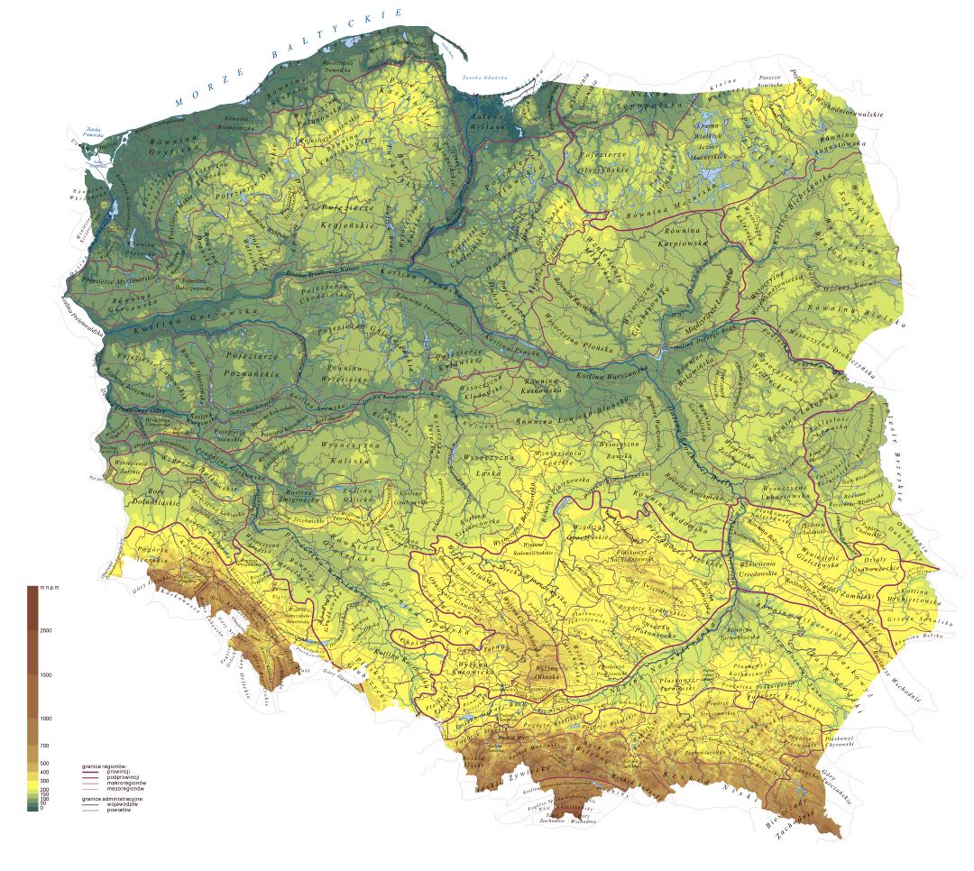 Large detailed physical map of Poland