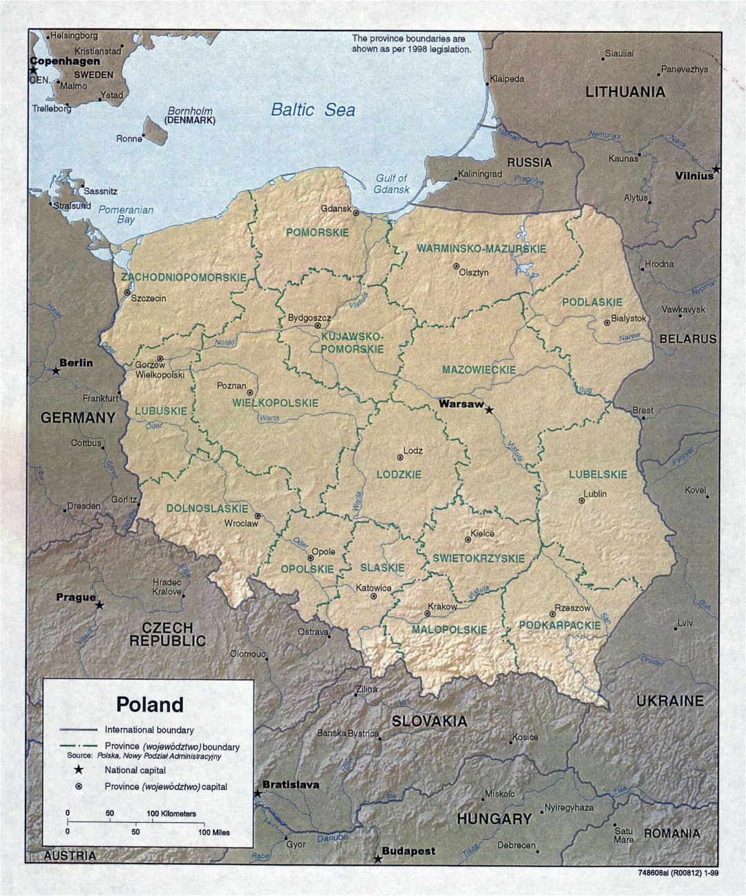Large detailed political and administrative map of Poland with relief and major cities - 1999