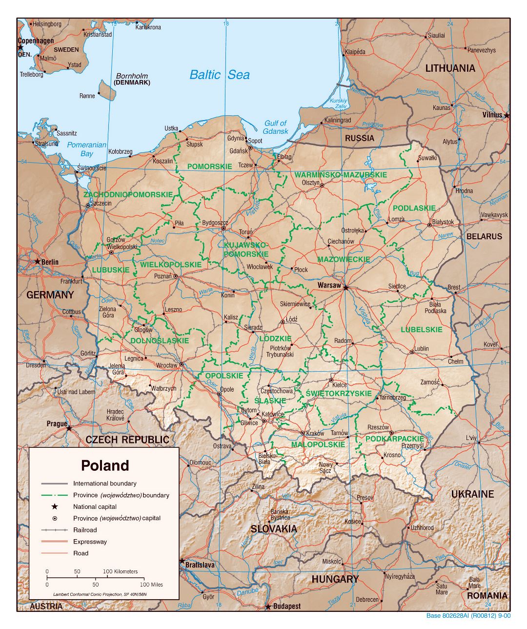 Large detailed political and administrative map of Poland with relief, roads, railroads and major cities - 2000