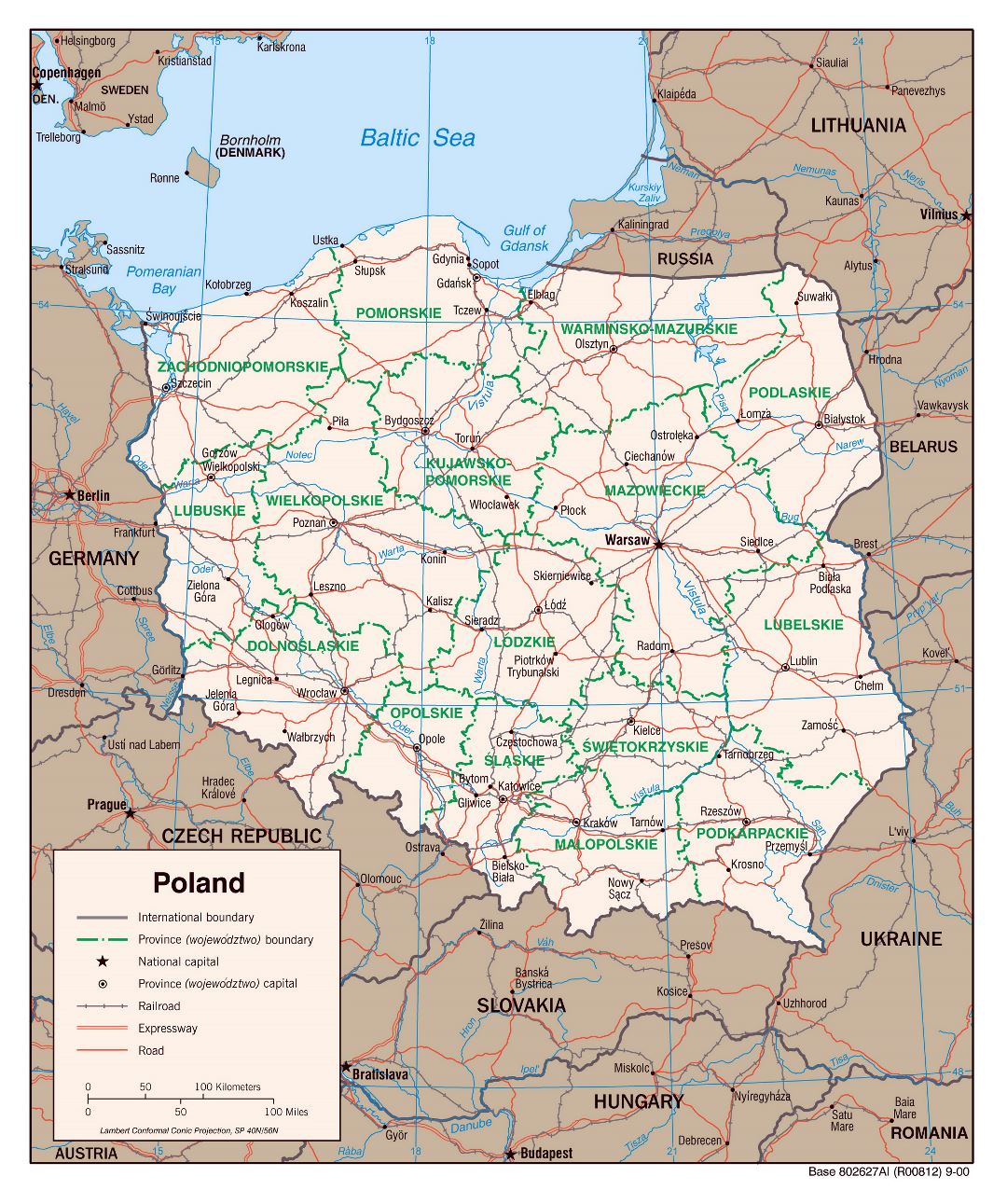 Large detailed political and administrative map of Poland with roads, railroads and major cities - 2000