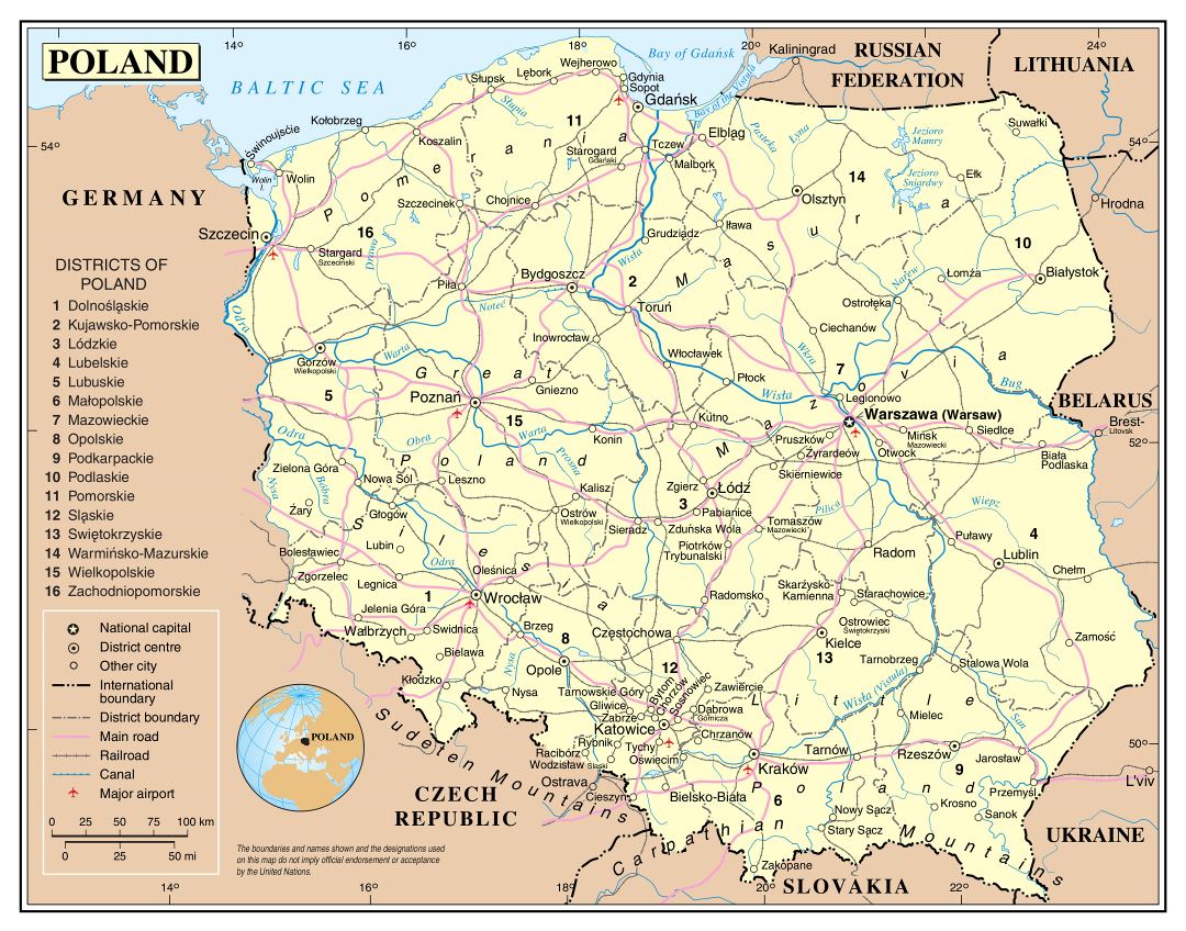 Large detailed political and administrative map of Poland with roads, railroads major cities and airports