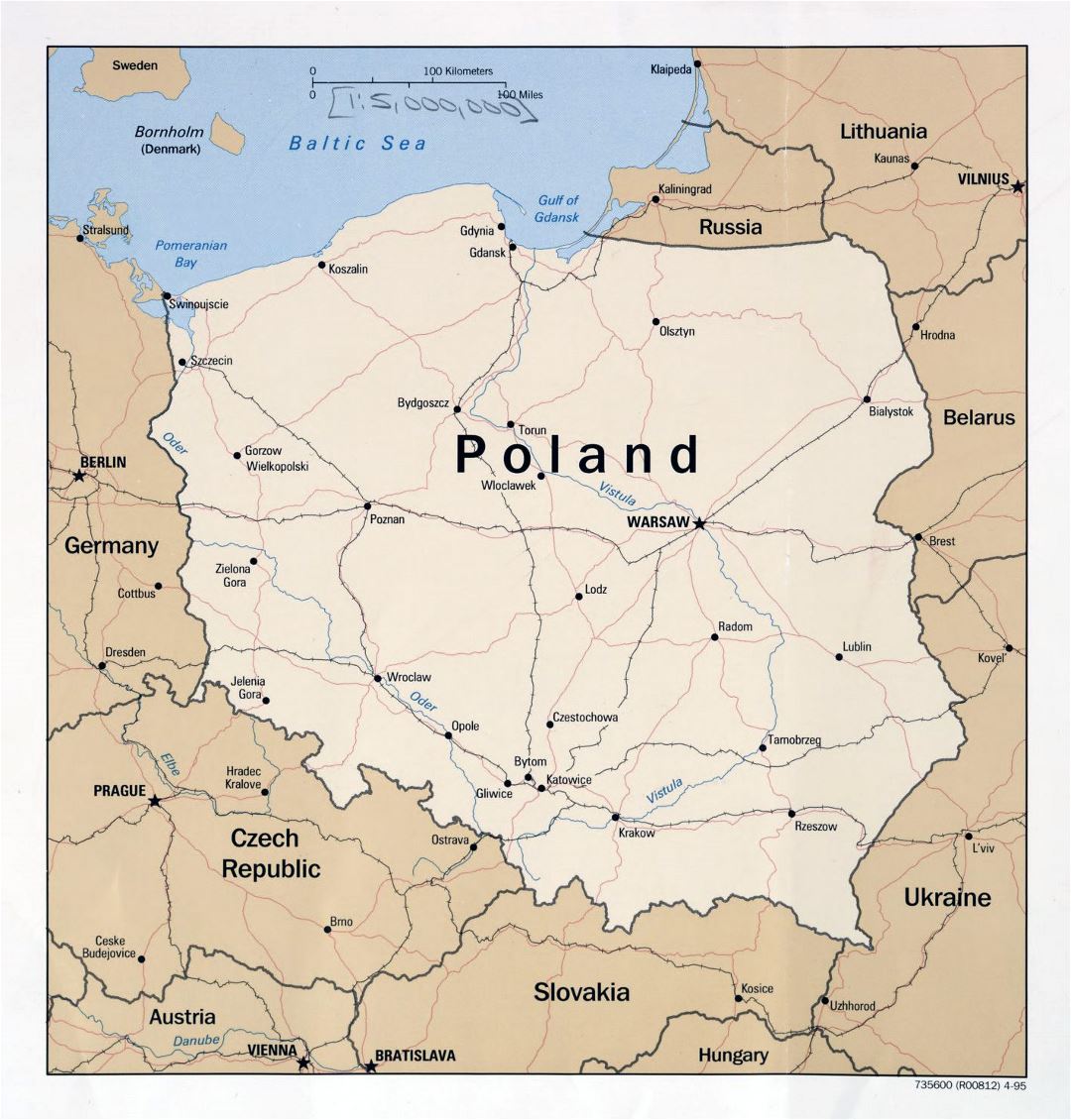 Large detailed political map of Poland with roads, railroads and major cities - 1995