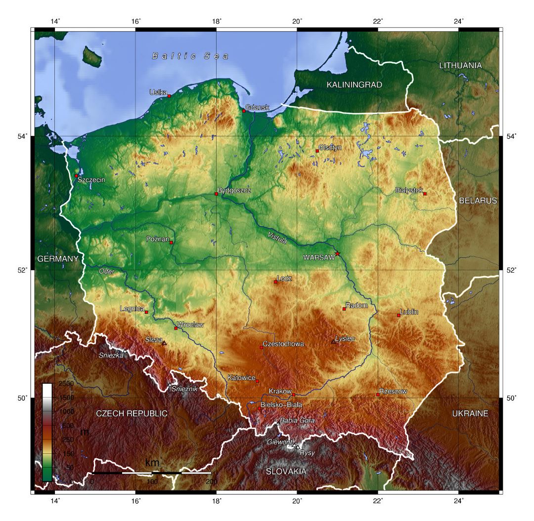 Large physical map of Poland