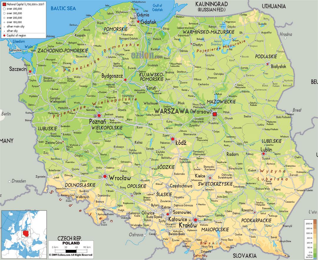 Large physical map of Poland with roads, cities and airports