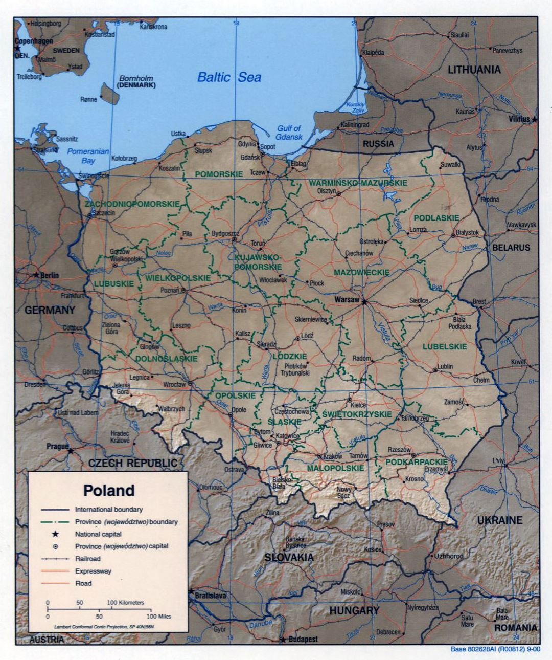 Large political and administrative map of Poland with relief - 2000