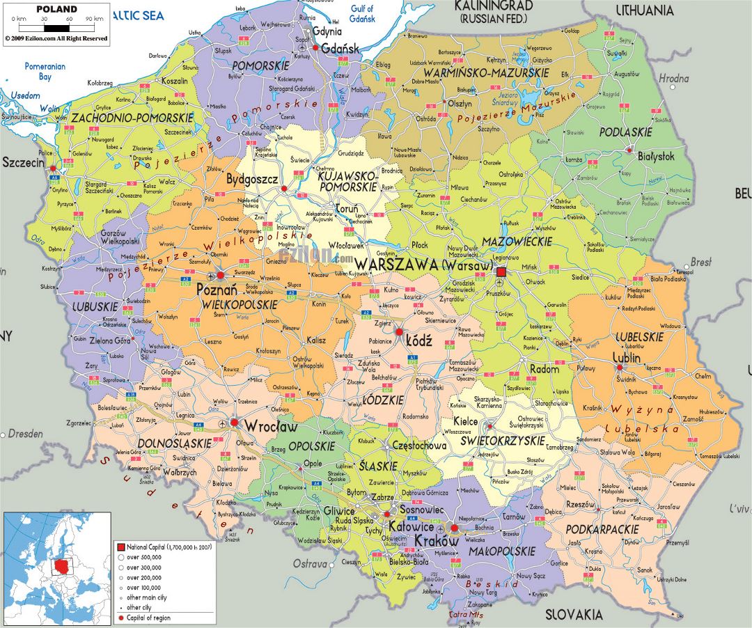 Large political and administrative map of Poland with roads, cities and airports