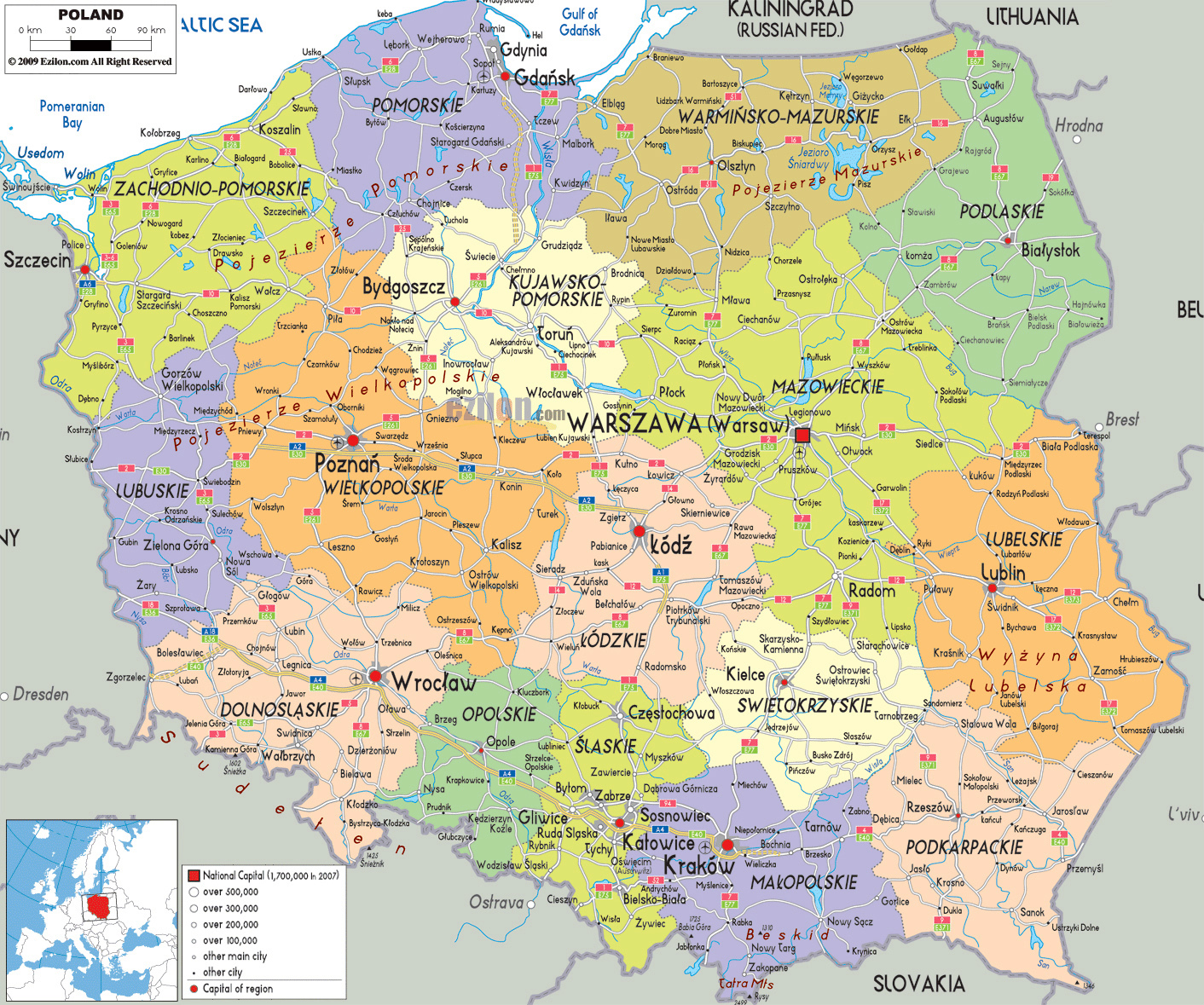 Large Political And Administrative Map Of Poland With Roads Cities And Large Political And Administrative Map Of Poland With Roads Cities And