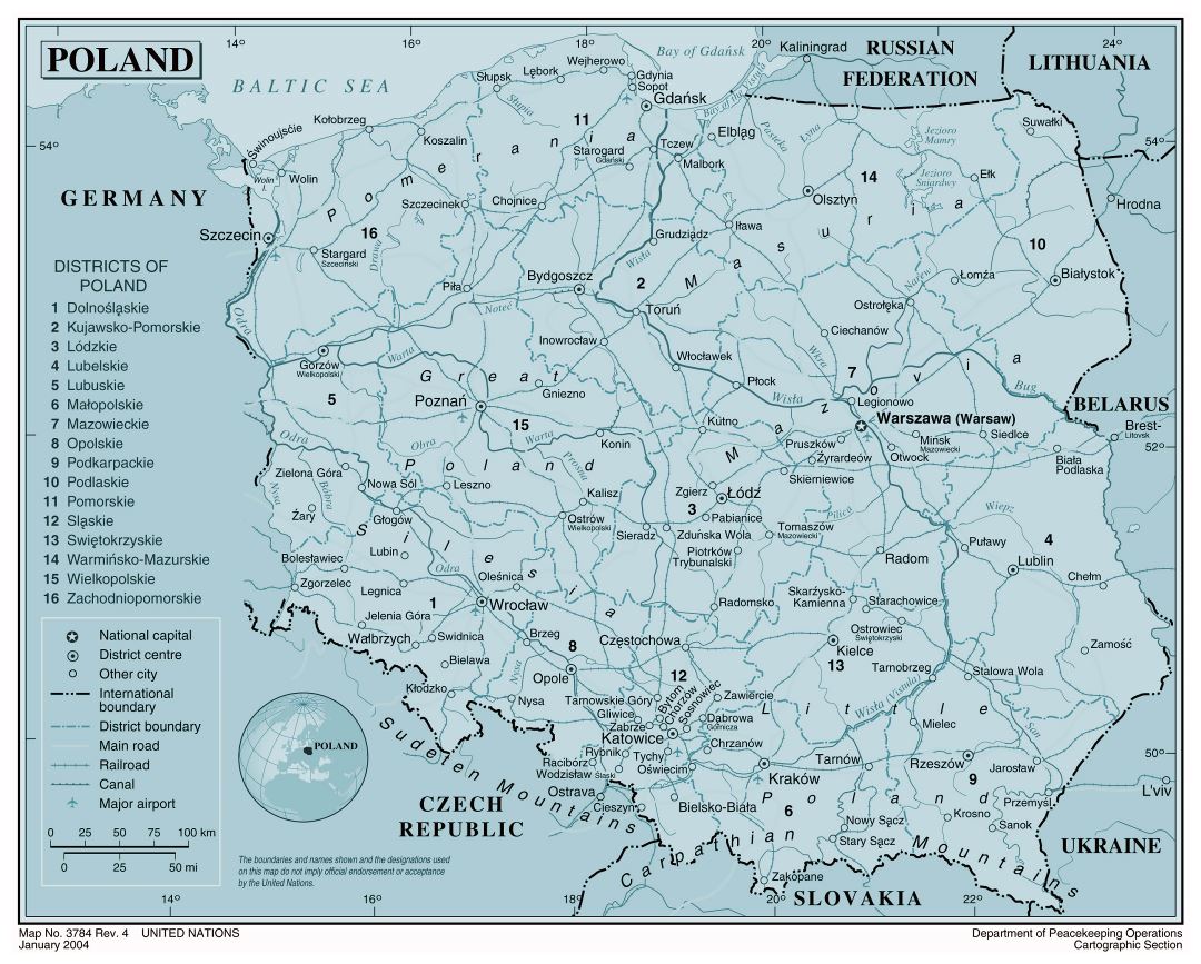 Large political and administrative map of Poland with roads, railroads, major cities and airports