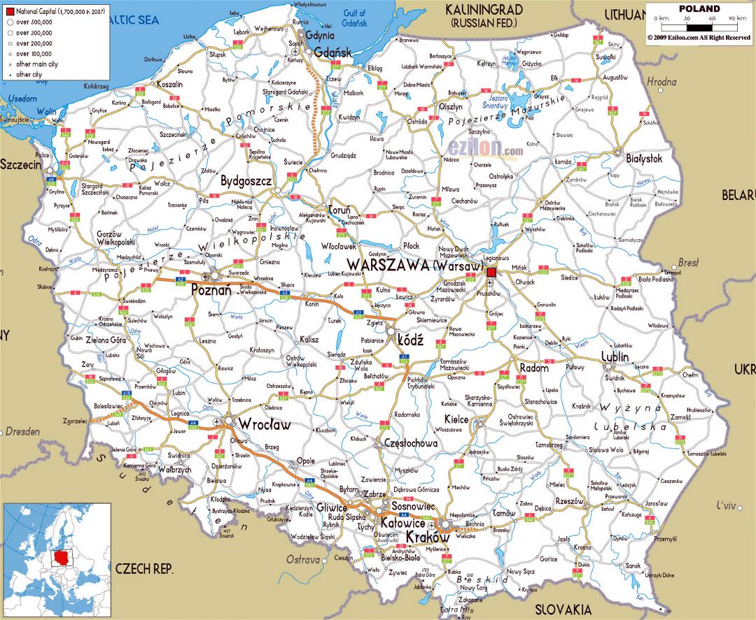 Large road map of Poland with cities and airports