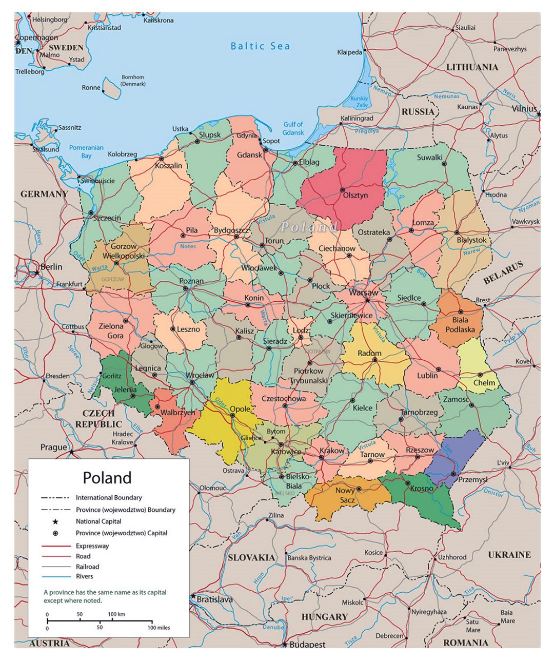 Political and administrative map of Poland with roads, railroads and major cities