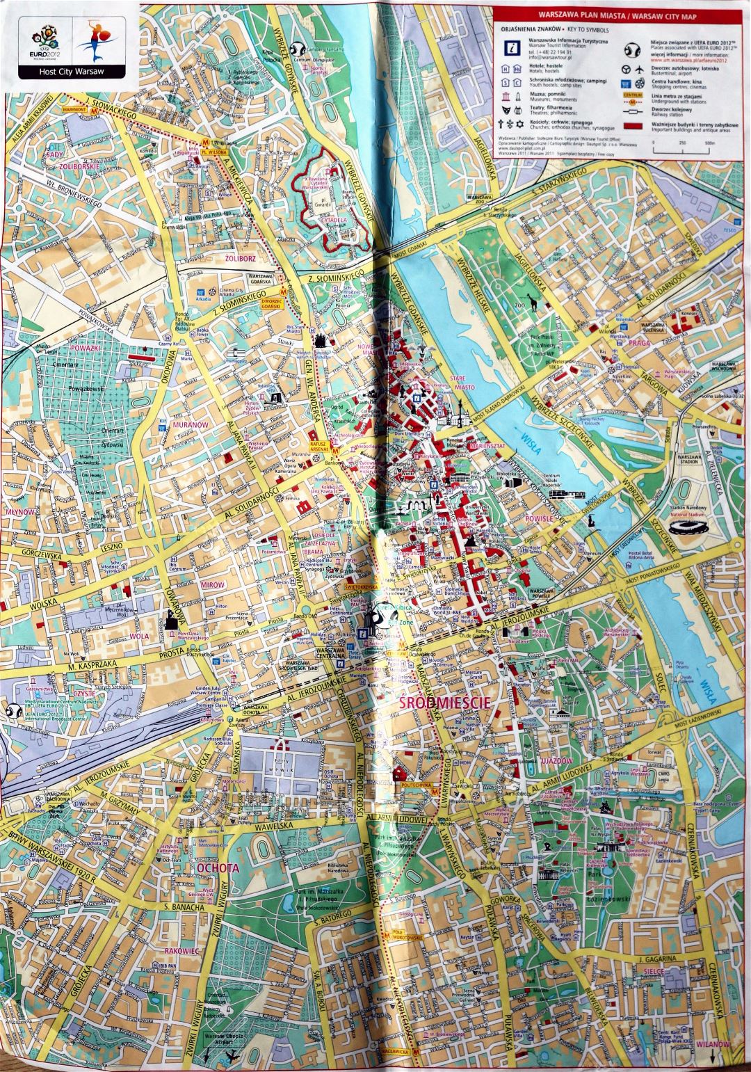Detailed guide map of central part of Warsaw city