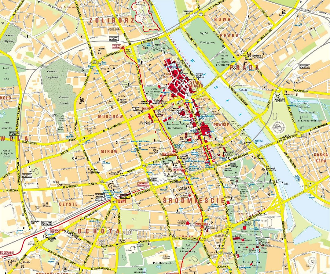 Detailed map of central part of Warsaw city