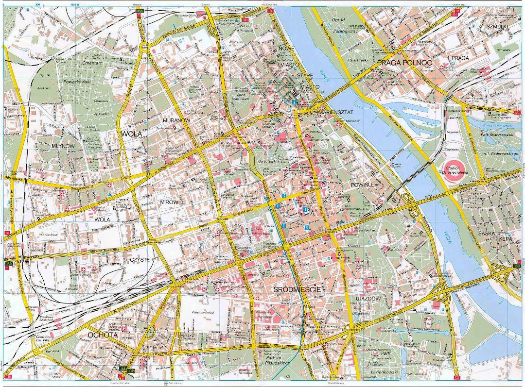 Detailed road map of Warsaw city center