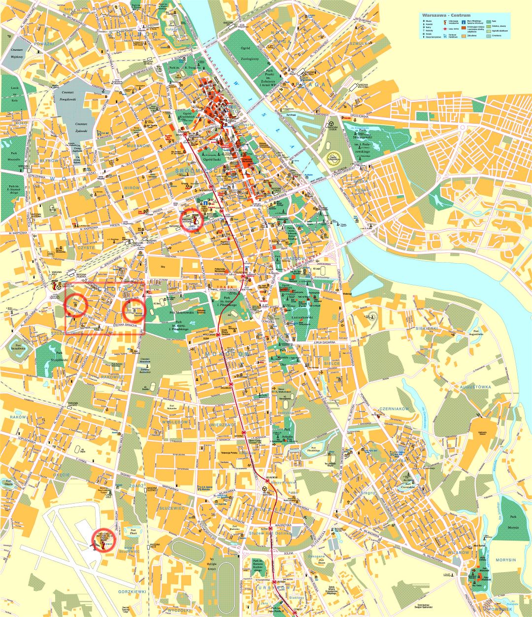 Large detailed road and tourist map of Warsaw city center with buildings