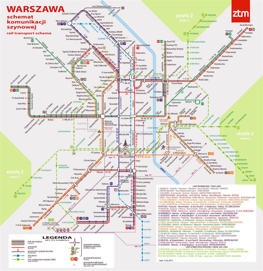Large detailed tram communication map of Warsaw city
