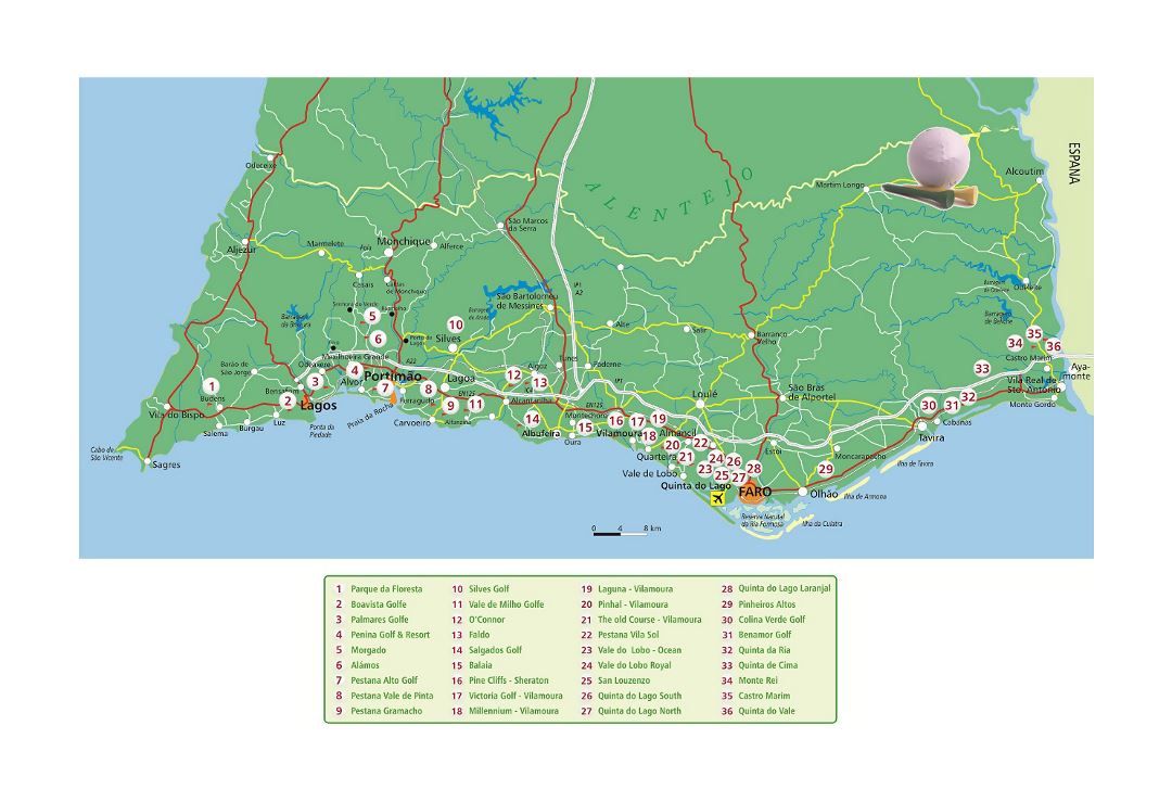 Detailed golf map of Algarve
