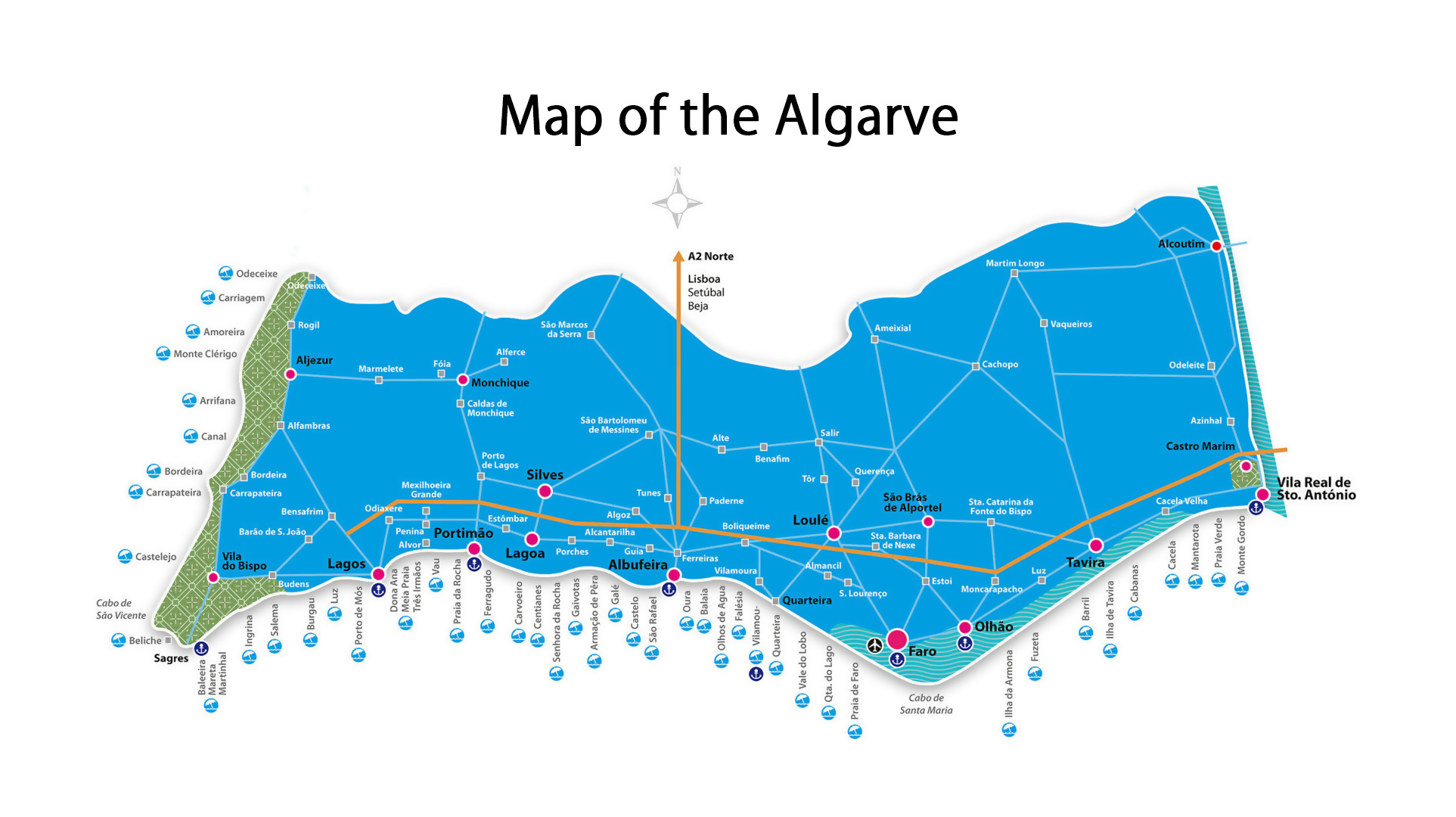 Large detailed road map of Algarve with cities and other marks, Algarve, Portugal, Europe, Mapsland