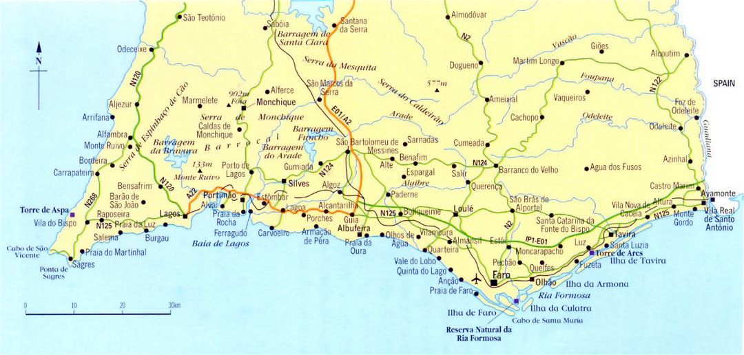 Detailed map of Algarve with roads, cities and airports
