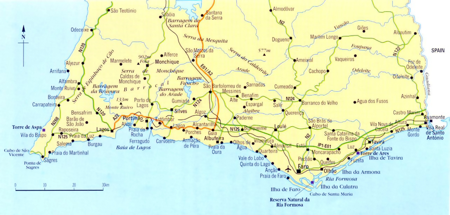Detailed Map Of Algarve With Roads Cities And Airports 