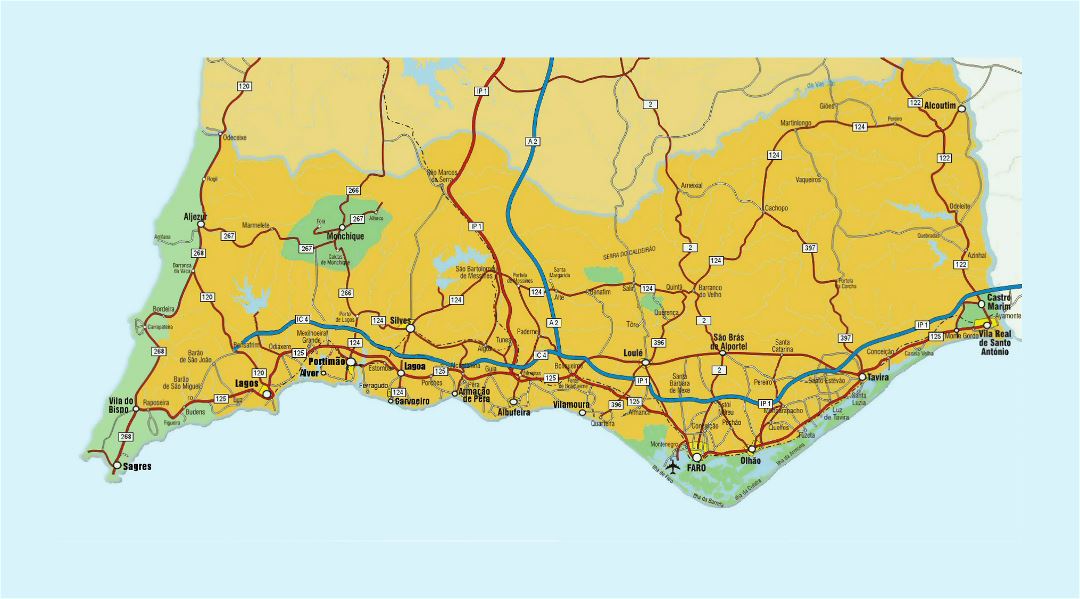 Detailed road map of Algarve with cities