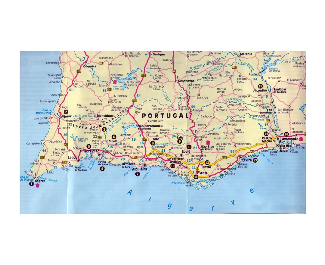 Road map of Algarve with cities and airports, Algarve, Portugal, Europe, Mapsland