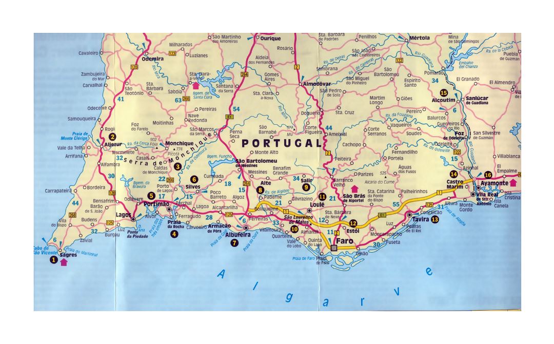 Detailed road map of Algarve with other marks