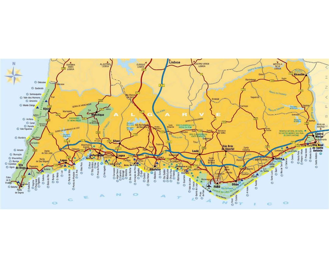 Large detailed road map of Algarve with cities and other marks, Algarve, Portugal, Europe, Mapsland