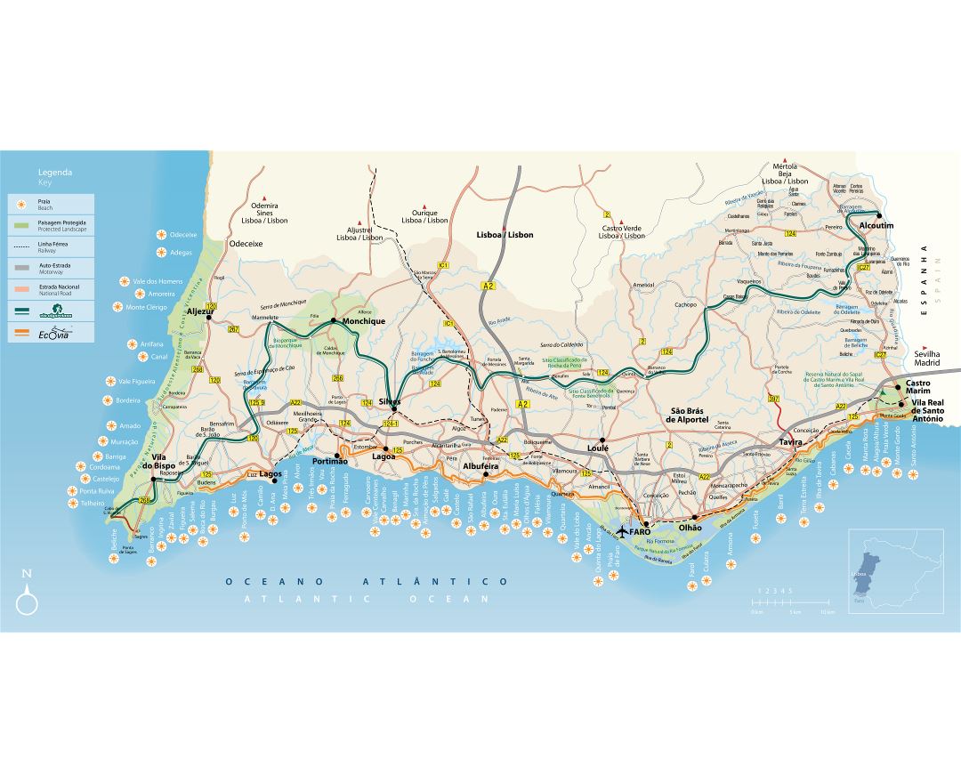 Road map of Algarve with cities and airports, Algarve, Portugal, Europe, Mapsland