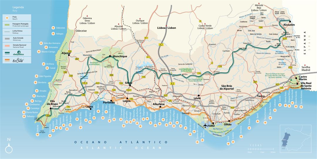 Large detailed map of Algarve with roads, cities, beaches and other marks