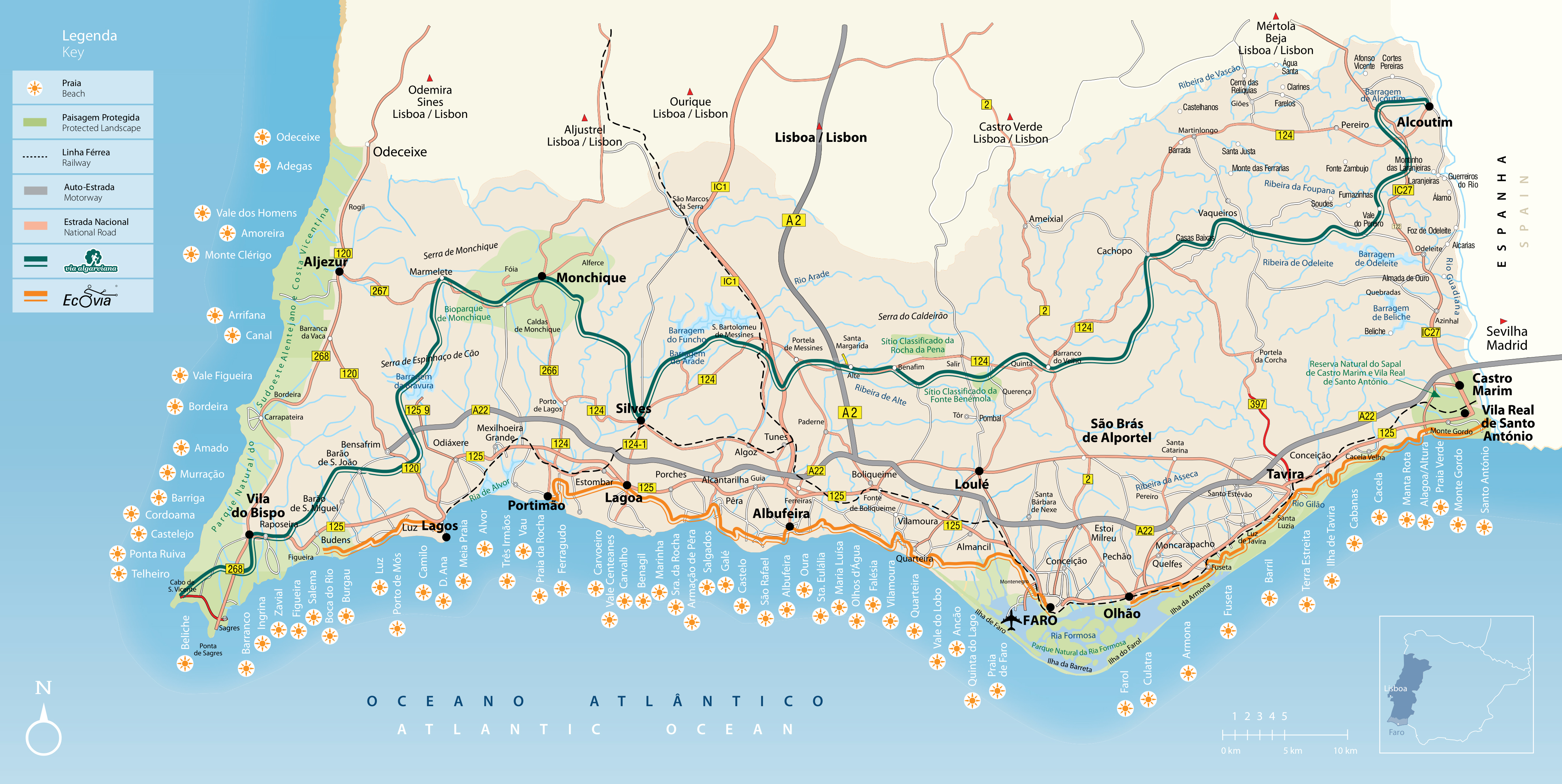 Large detailed road map of Algarve with cities and other marks, Algarve, Portugal, Europe, Mapsland