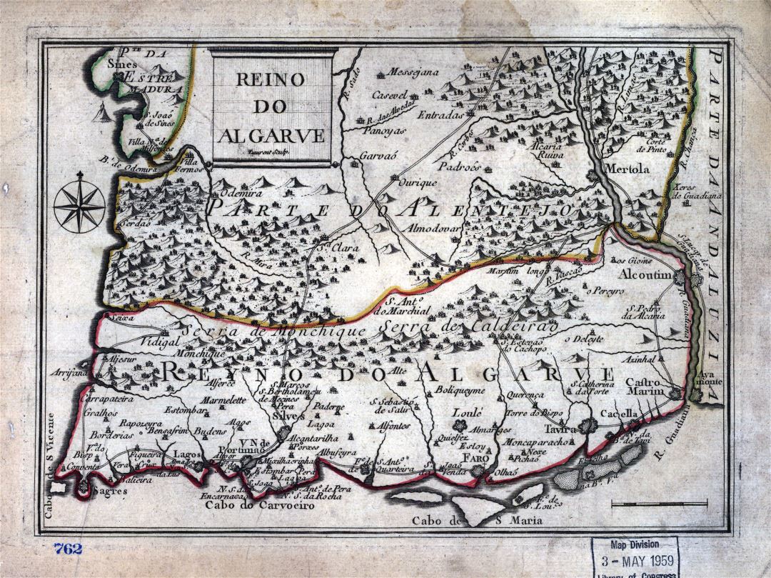 Large detailed old antique map of Algarve with relief, roads and cities - 1730-1774