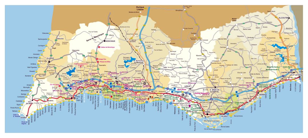 Large detailed road map of Algarve with cities and other marks