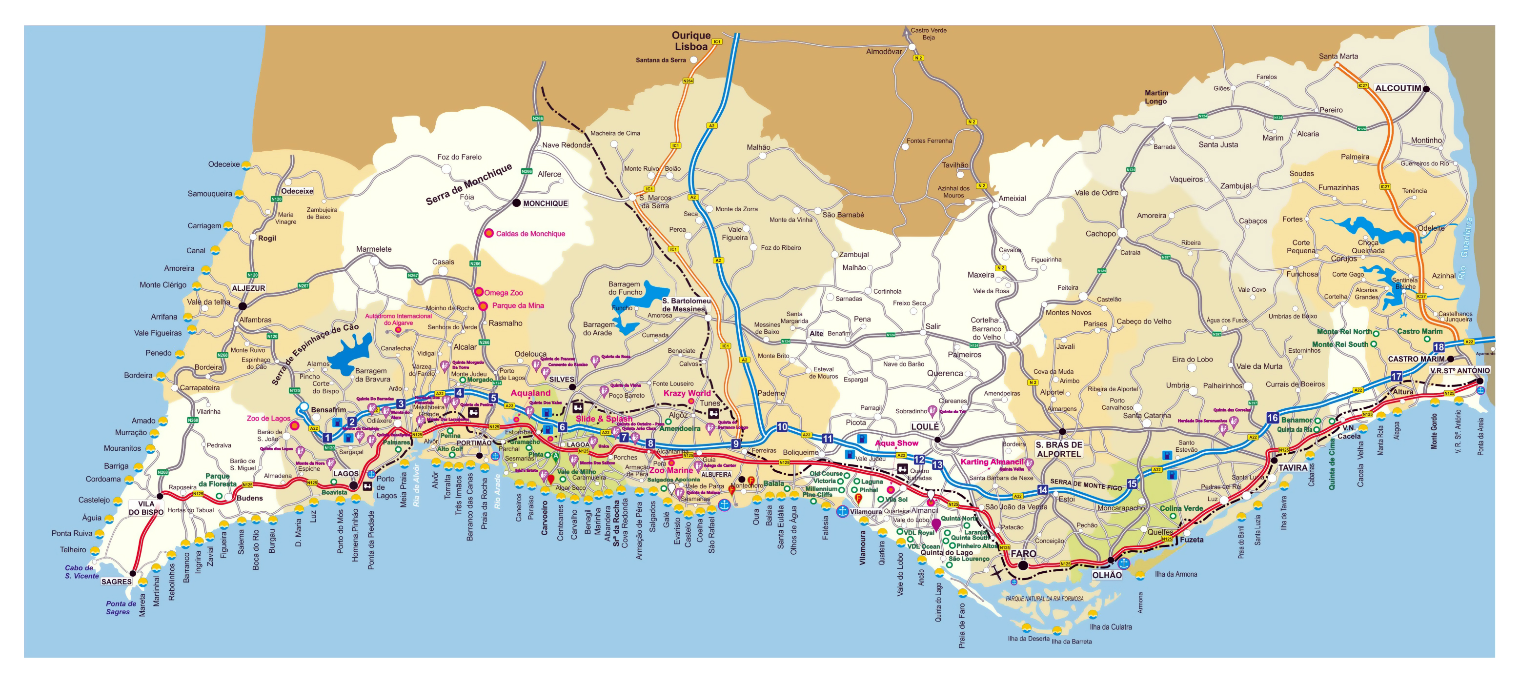 Large map of Algarve with beaches, roads and other marks