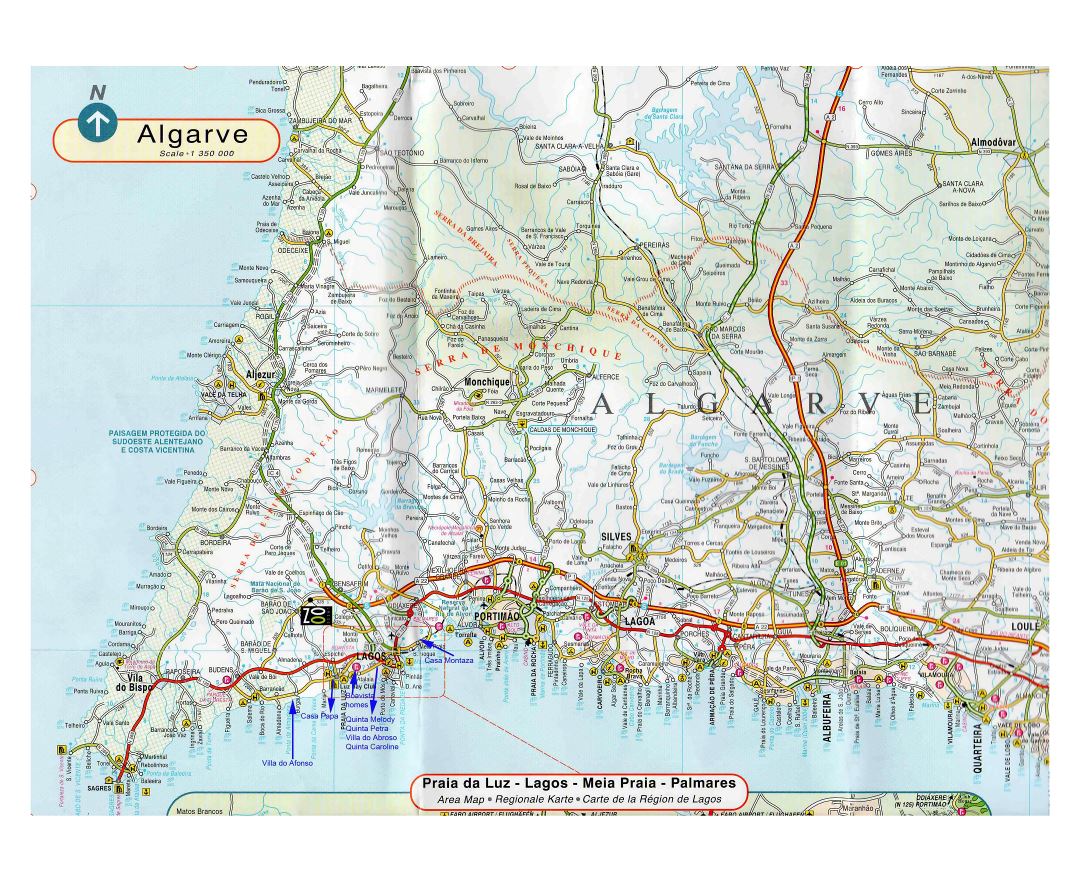 Large map of Algarve with beaches, roads and other marks