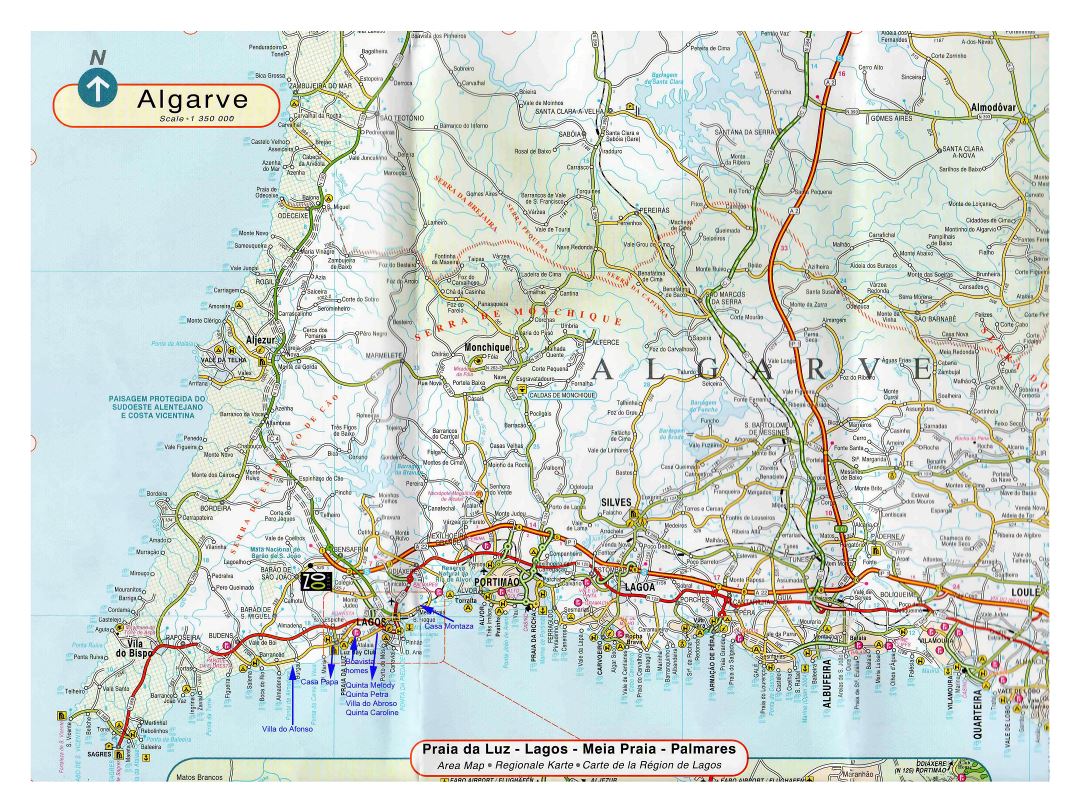 Large detailed road map of Algarve with other marks