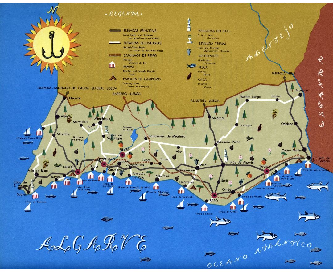 Road map of Algarve with cities and other marks, Algarve, Portugal, Europe, Mapsland