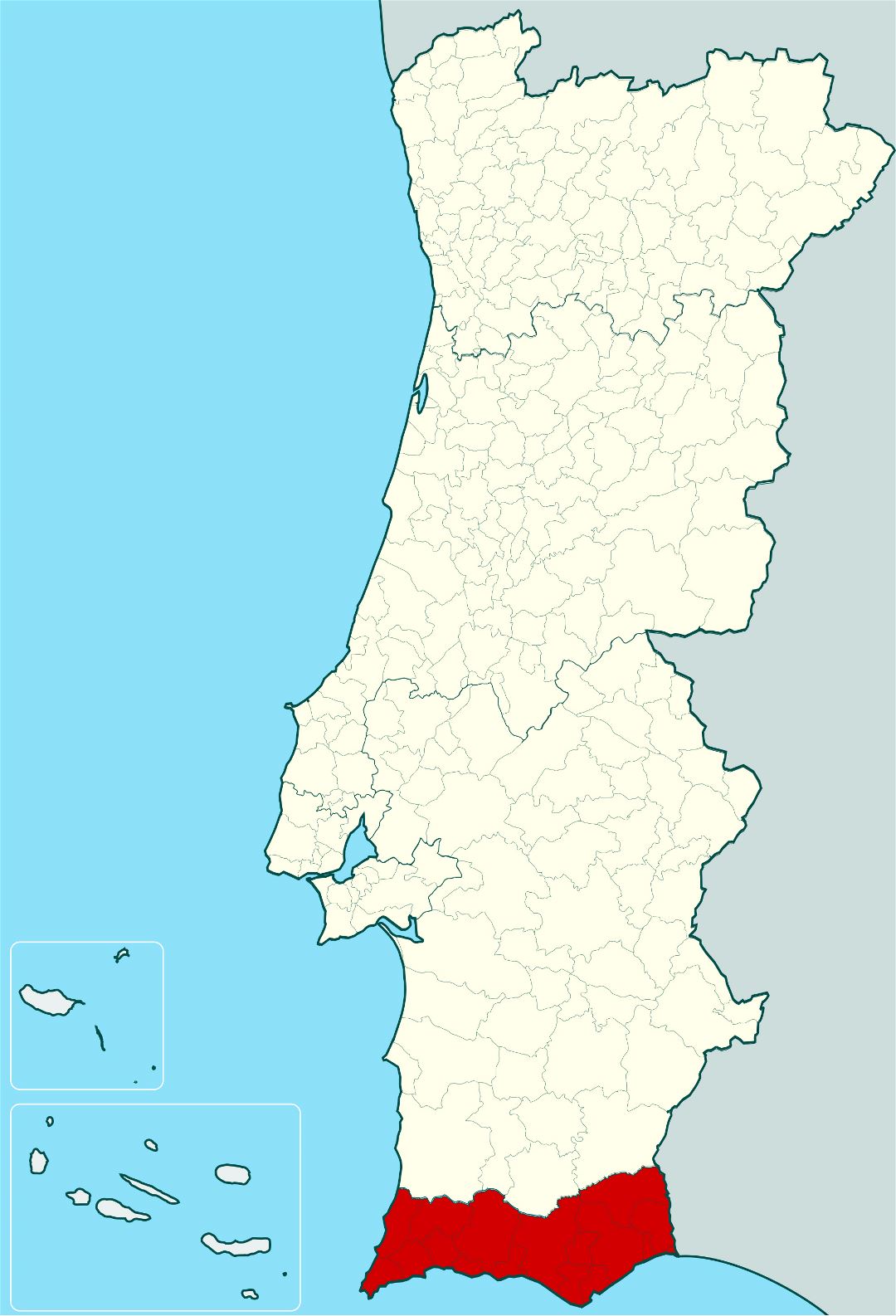 Large location map of Algarve in Portugal