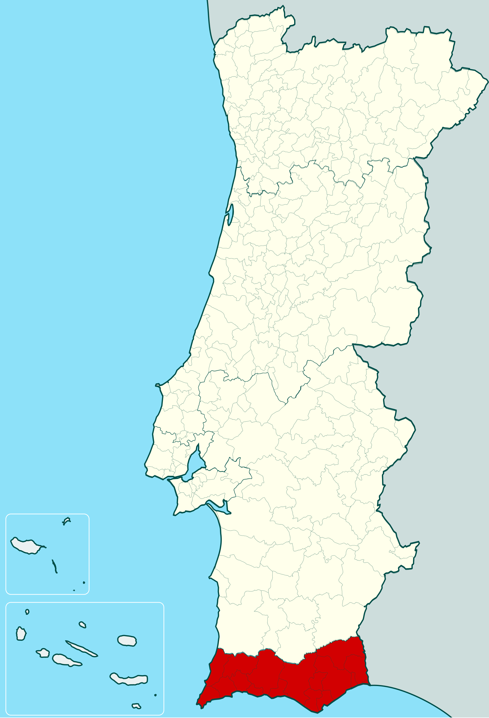 Large location map of Algarve in Portugal, Algarve