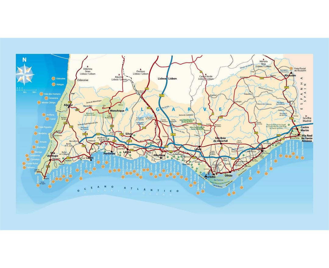 Detailed map of Algarve with roads, cities and airports