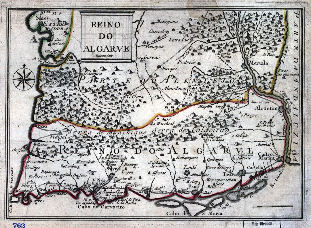 Large old map of Algarve with relief and other marks - (1730-1774)