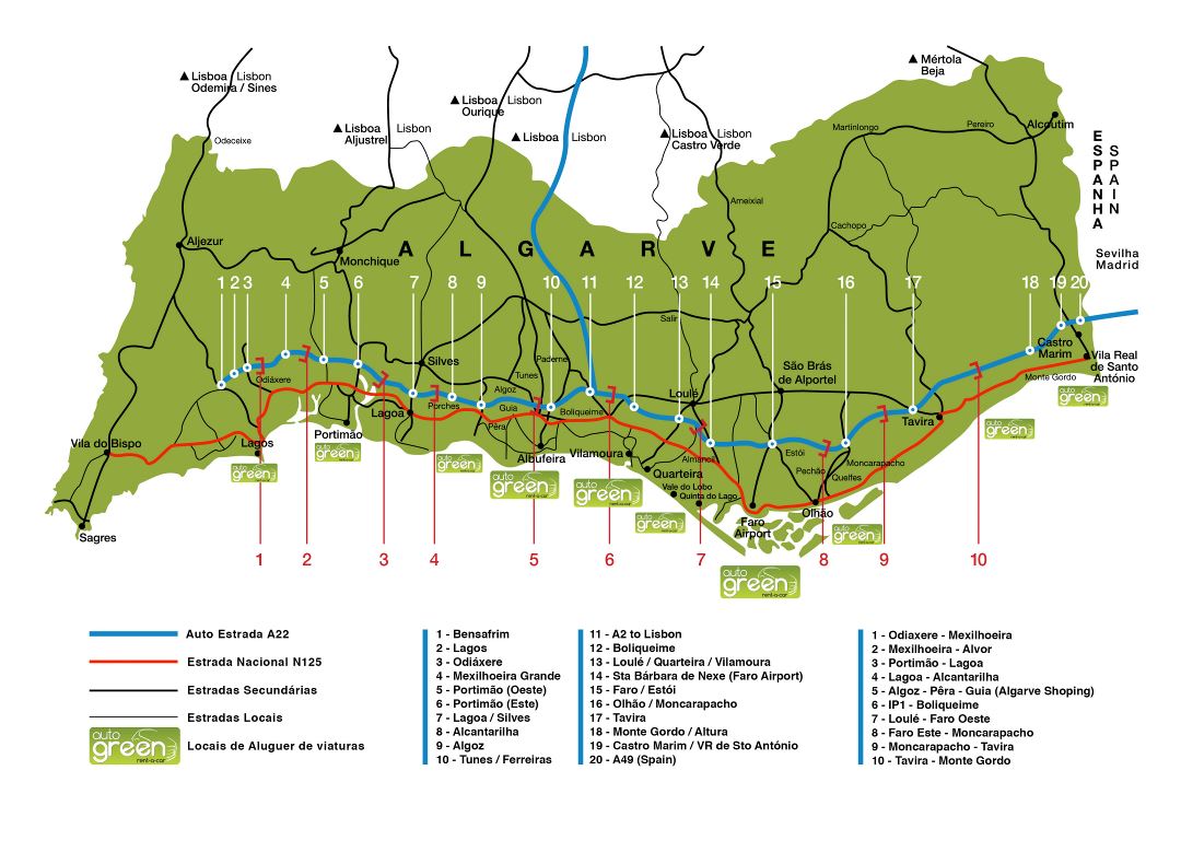 Large road map of Algarve with rent-a-car points