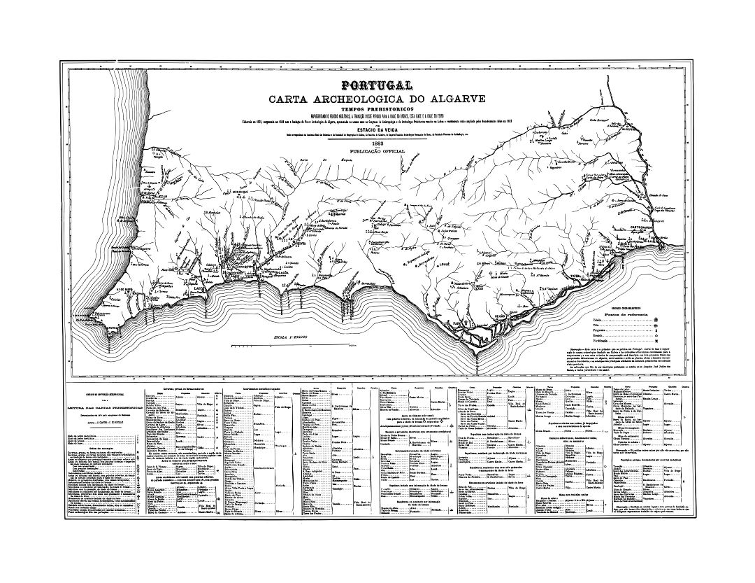 Large scale old archaeological map of Algarve - 1878